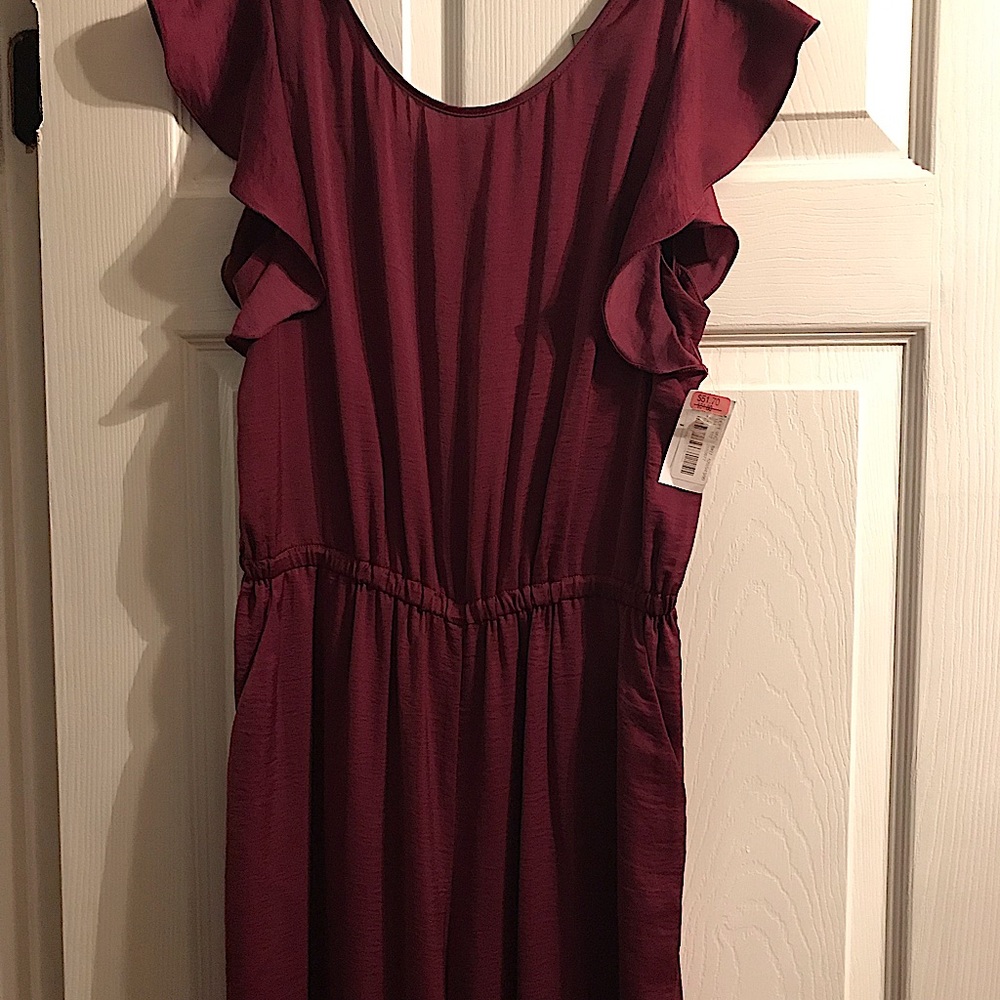 Formal Burgandy jumpsuit wide leg ruffle short sleeves tie neck